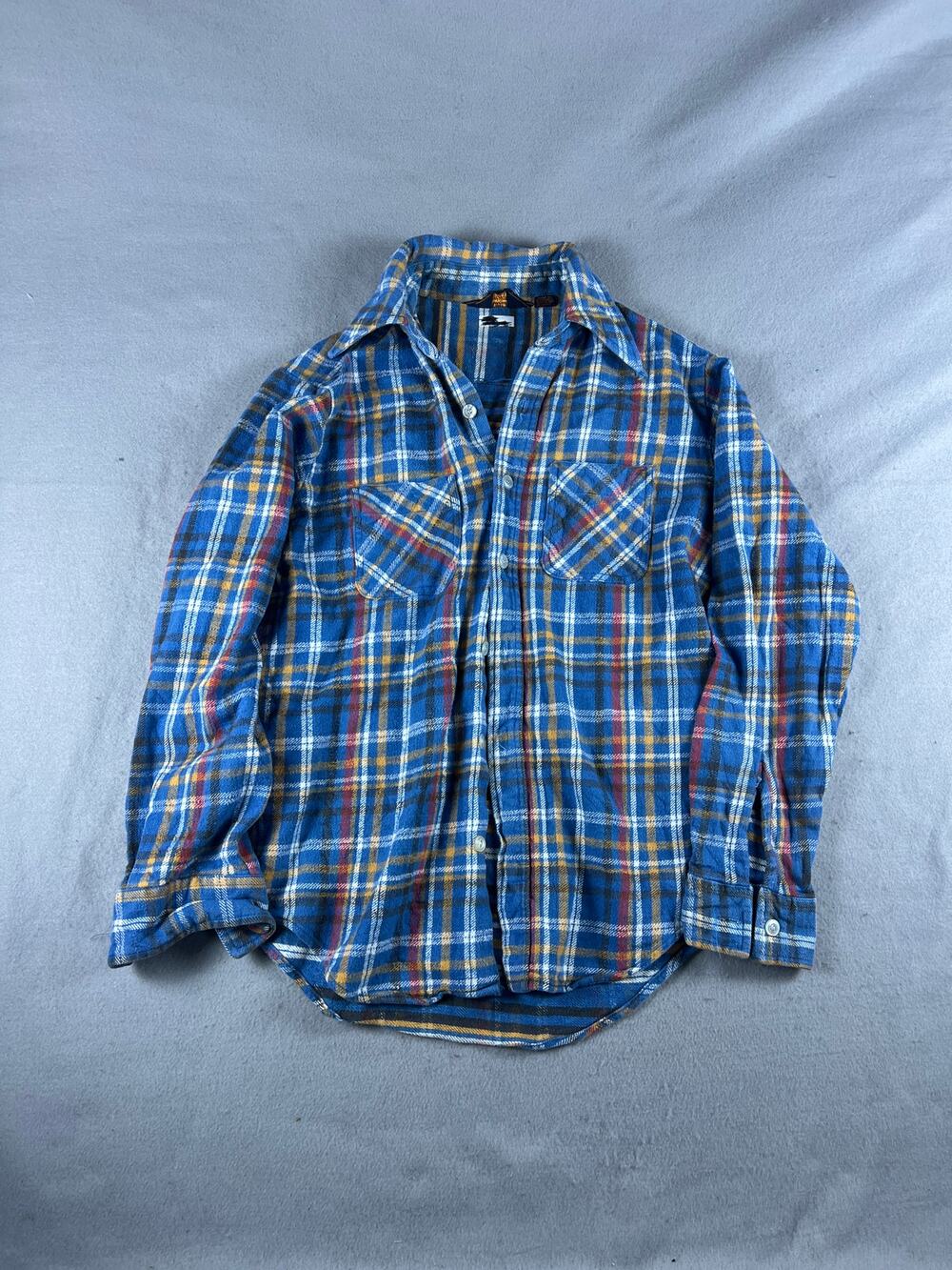 Woodland Shirt Boys L Blue Yellow Flannel Plaid Button Up Heavyweight Grunge